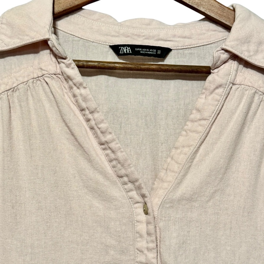 ZARA Linen Blend Pink Pastel Tiered Babydoll Button Collared Neckline Mini Dress - Picture 5 of 10